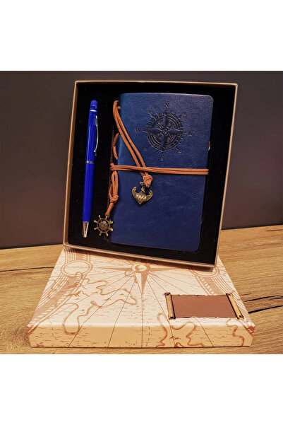 TTT مجموعة دفتر ملاحظات جلدي بتصميم بوصلة باللون الأزرق الداكن وقلم حبر جاف