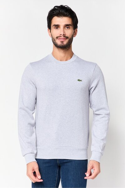 Lacoste سويت شيرت رجالي برقبة دائرية وأكمام طويلة وشعار مطرز، رمادي