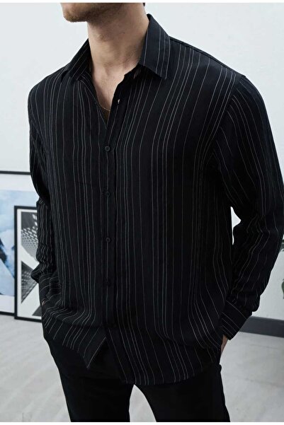 Wonraces Men's Black Oversize Relaxed Fit Textured Line Patterned Premium Sum...