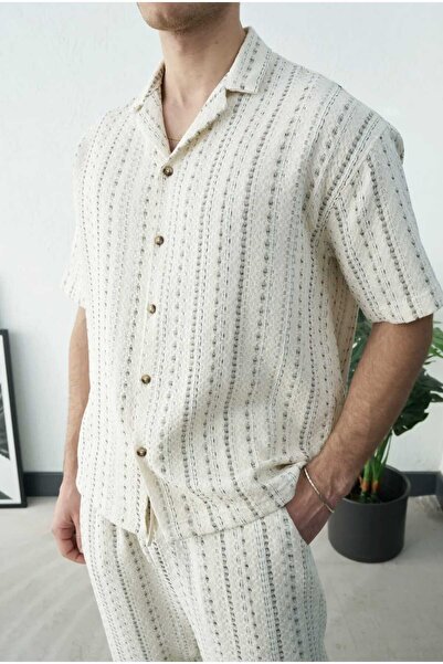 Wonraces Men's Ecru Oversize Relaxed Fit Summer Textured Patterned Cotton Shirt