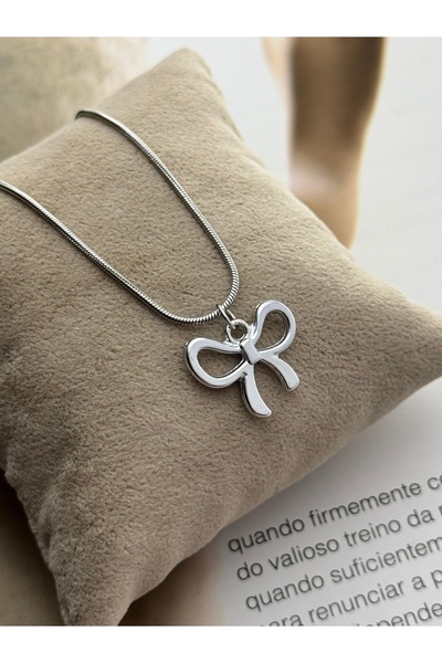 roshel Tarnish Resistant Steel Bow Pendant Silver Color Women's Necklace Snak...