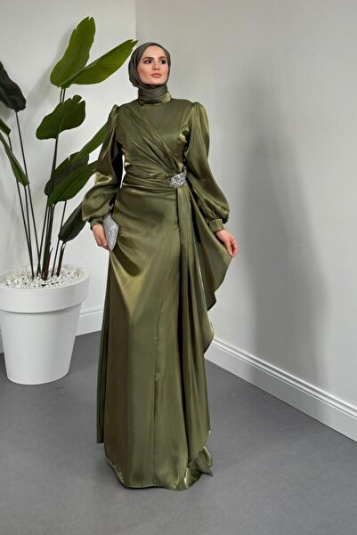 MERVEN AKYÜZ Magnolia Saten Abiye Haki