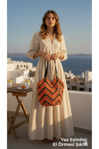 El örgüsü Zigzag Desenli Kağıt İp Kol Çantası