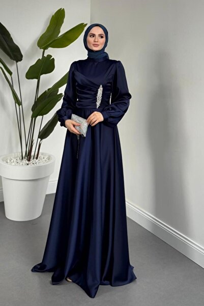 MERVEN AKYÜZ Florentine Taşlı Saten Abiye Lacivert