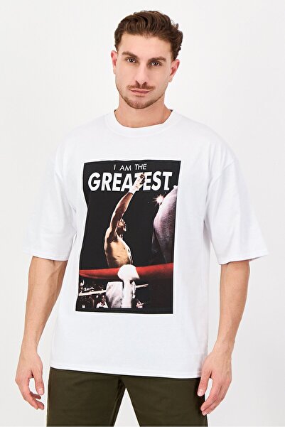 ALI Men Crew Neck Short Sleeve Graphic Print T-Shirt, White