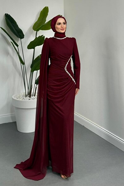 MERVEN AKYÜZ Opheline Taşlı Tül Kumaş Abiye Bordo