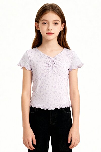 Derek Heart Kids Girl V Neck Short Sleeve Floral Print Mesh Top With Hair Cli...
