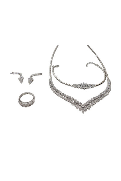 Hasyılmaz Zirkon Taşlı 925 Ayar Gümüş Rodyumlu Takı Seti 28-32 Gram (047)