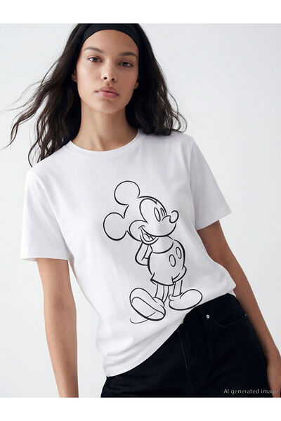 LC Waikiki Tricou alb guler rotund Mickey Mouse cu imprimeu pentru femei