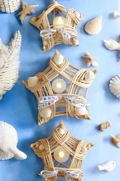 MaviMarinUrla El Yapımı Bambu Rattan Yıldız Mumluk Marin Doğal Deniz Kabuklar...