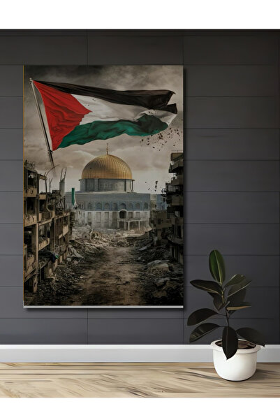 Teona Ahşap Filistin Bayrağı Ve Yıkık Şehir Manzarası Yağlı Boya Görünümlü De...