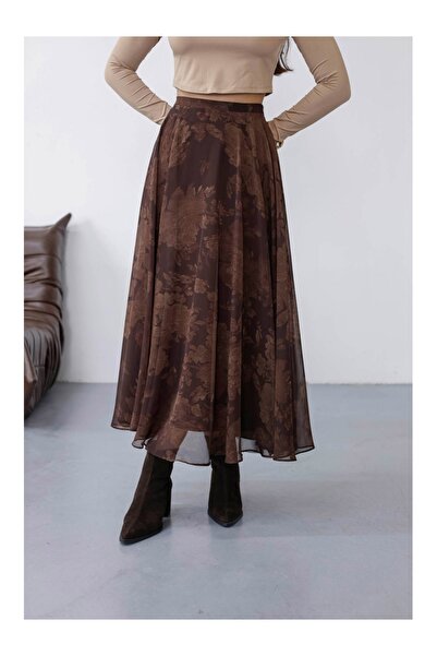 Elif Özbey Butik Kahverengi Çiçek Detaylı Şifon Etek