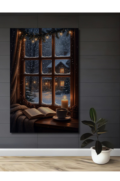 Teona Ahşap Kış Manzaralı Pencere Önü Sıcak Sohbet Ahşap Dekoratif Tablo Ev,O...