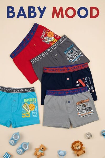 Tutku 5'li Paket Pamuklu Likralı Karma Renk ve Baskılı Erkek Bebek Çocuk Boxe...