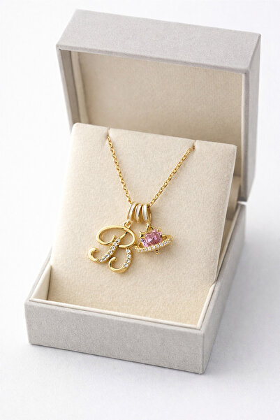 Lanuna B Harfli Gold Taşlı Gezegen Figürlü Kolye