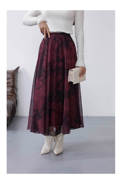 Elif Özbey Butik Mürdüm Çiçek Detaylı Şifon Etek