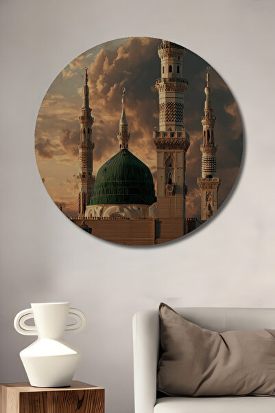 Teona Ahşap Medine Ravza Görünümlü Yağlı Boya Sanat Tablosu Yuvarlak Duvar Ta...