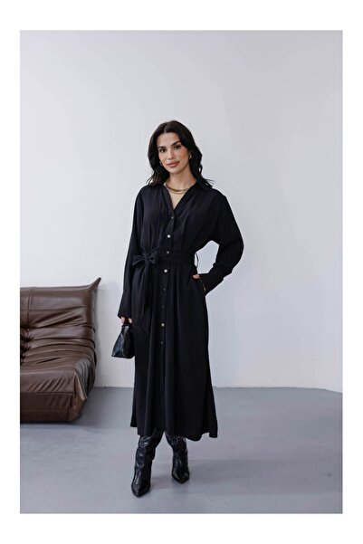 Elif Özbey Butik Siyah Beli Pileli Kemerli Elbise