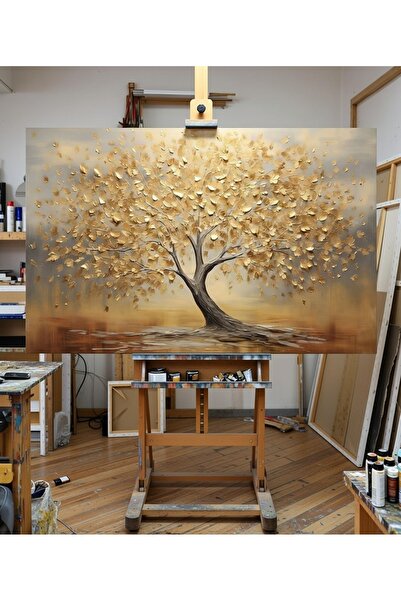Nurşahın Resimleri El Yapımı Ağaç Gold Dekoratif Kanvas Tablo