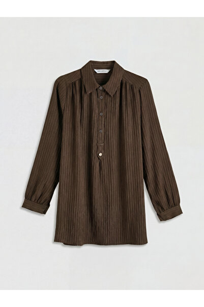 LC Waikiki Mg Trenden Brown Shirt Collar Striped Oversize Dobby Women's Tunic