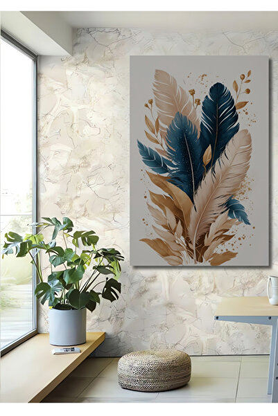 Teona Ahşap Bohem Tarzı Tüylü Dallı Altın Vurgulu Sulu Boya Görünümlü Ahşap D...