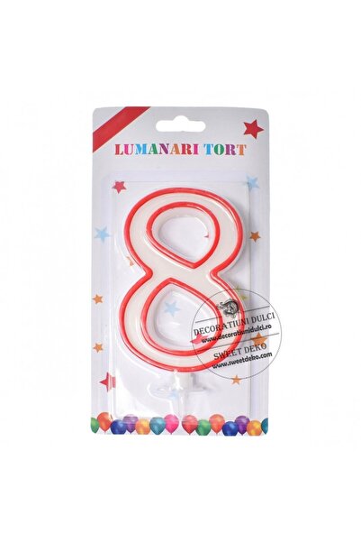 Decoratiuni Dulci Lumanare 12cm, alba cu bordura rosie - Cifra 8