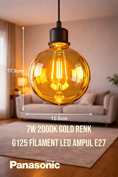 PANASONIC G125 Filament LED Ampul 2000K Gold Işık E27 Amber Büyük Boy 17.3x12...