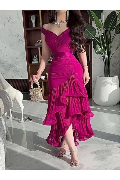 leon فستان فوشي كسرات شيفون