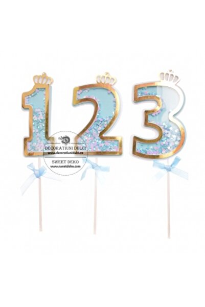 Decoratiuni Dulci Decor tort cifra carton bleu cu coronita si confetti - Cifra 1