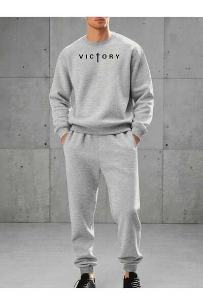 tkn your style Men's Bottom-Up Set Victory Print Design Crew Neck Sweatshirt