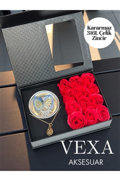 Vexa Aksesuar İnci Çelik Kolye Hediye Seti | Güllü Özel Kutulu, İstiridye İçi...
