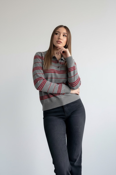 mahira collection    Women's Polo Neck Striped Knitwear Sweater