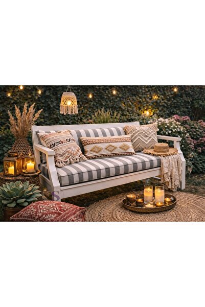 shules collection GRİ ÇİZGİLİDuck Keten Bank Minderi 120x50x10 cm – Uzun Sırt...