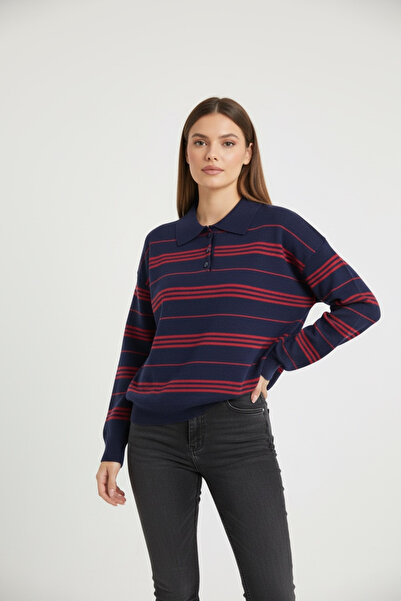 mahira collection    Women's Polo Neck Striped Knitwear Sweater