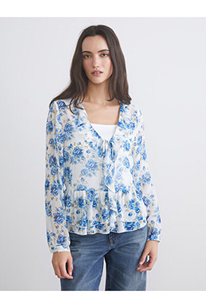LC Waikiki Rmz Gi̇yi̇m Farkiyla V Planting Flowered Ruffled Chiffon Blouse