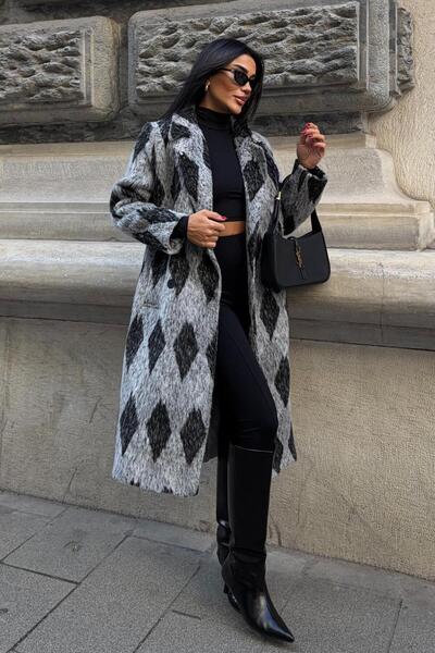 Lijuri Baklava Patterned Wide Cut Cashmere Coat 7135