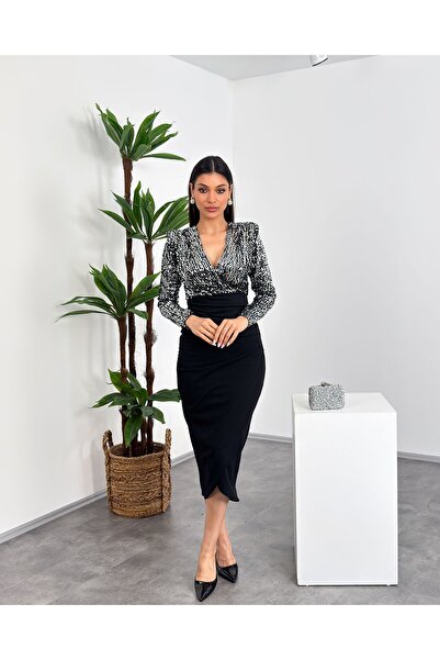 Mialora Double-Breasted Collar, Sequin Detail, Shoulder Padding, Long Sleeve,...