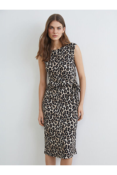 LC Waikiki Brown Crew Neck Leopard Print Dress