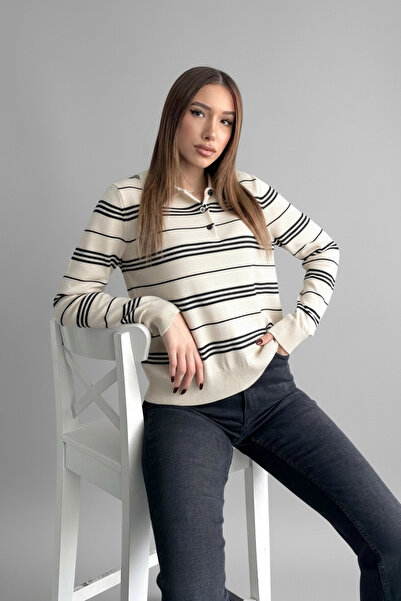 mahira collection    Women's Polo Neck Striped Knitwear Sweater