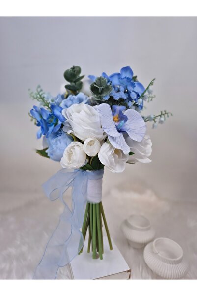 Buketlife Mavi beyaz gelinbuketi gelinçiçeği ve yakaçiçeği