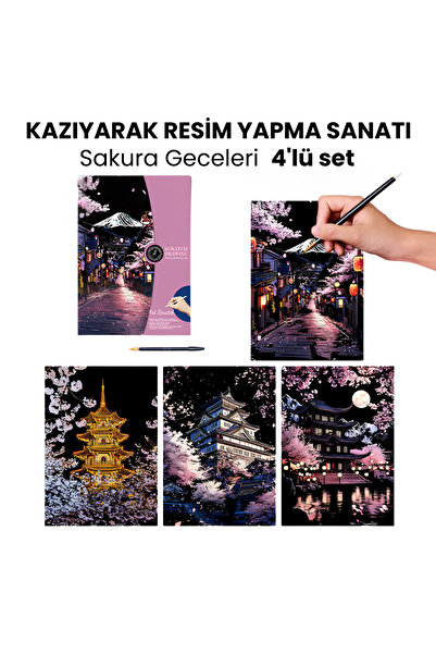 minyaturia Kazıma Çizim Seti – Sakura Geceleri 4 Adet | Hediyelik Hobi Seti -...