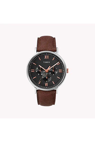 Timex Men's Brown Leather Watch, Black Dial | Tw2t35000