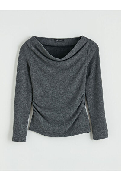LC Waikiki Gray Boat Neck Gathered Blouse