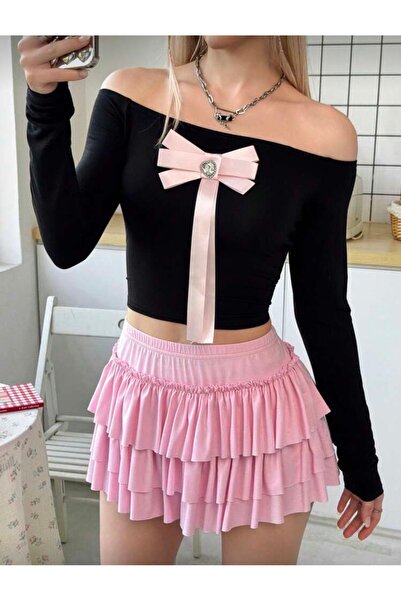 La Saade Baby Doll Pink Ruffle Set – Ruffled Mini Skirt & Bow Detailed Crop S...