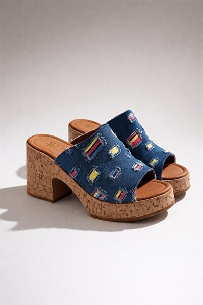 Les Passent Women's Silva Blue Denim Fabric Cork Sole Orthopedic Platform Hee...