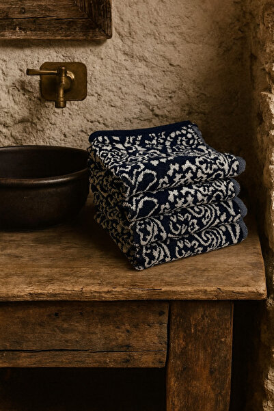 Taka Fabrics 4-Piece 100% Cotton Towel Set 40X70 cm Navy Blue-White