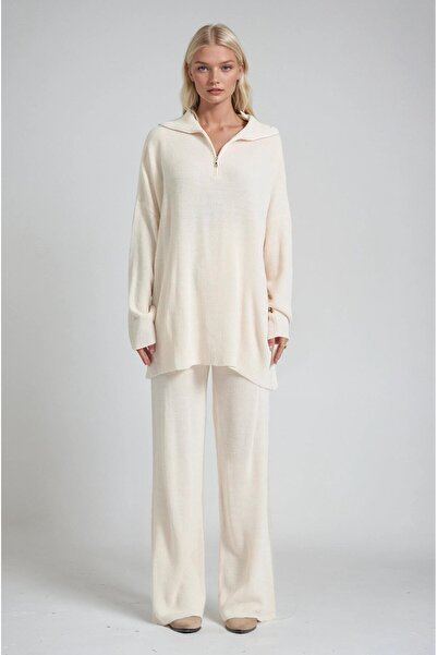 Lijuri Zip Collar Long Knitwear Tunic & Wide Leg Pants Set 10318