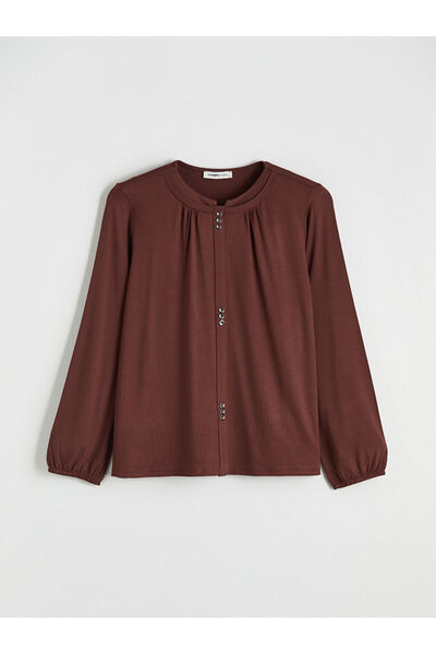 LC Waikiki Kahverengi Bisiklet Yaka Büzgülü Bluz