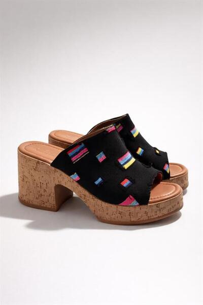 Les Passent Women's Silva Black Denim Fabric Cork Sole Orthopedic Platform He...