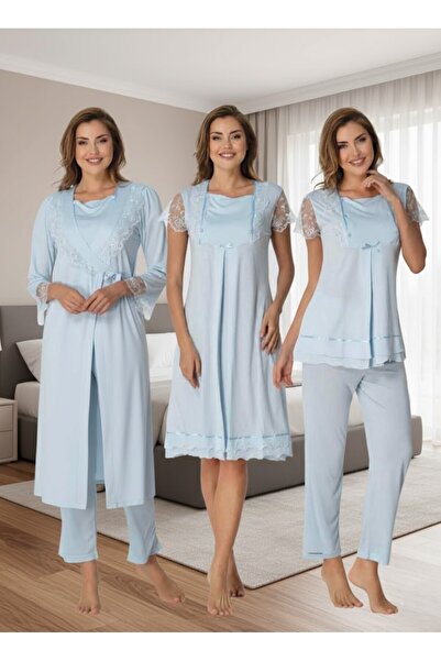 Lohusa Homewear Women's Blue Elegant Lace Detailed Short Sleeve Buttoned Dres...